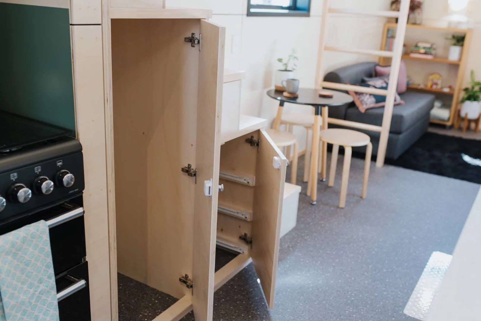 La Sombra Tiny House's staircase includes storage space