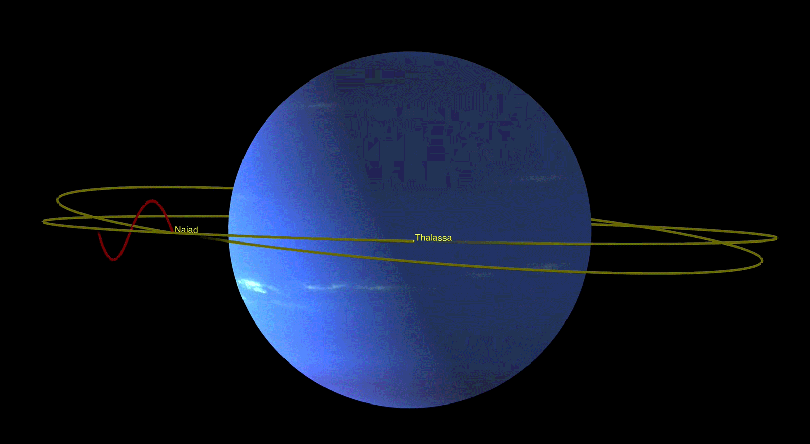 This animation illustrates how the odd orbits of Neptune's inner moons Naiad and Thalassa enable them to avoid each other as they race around the planet