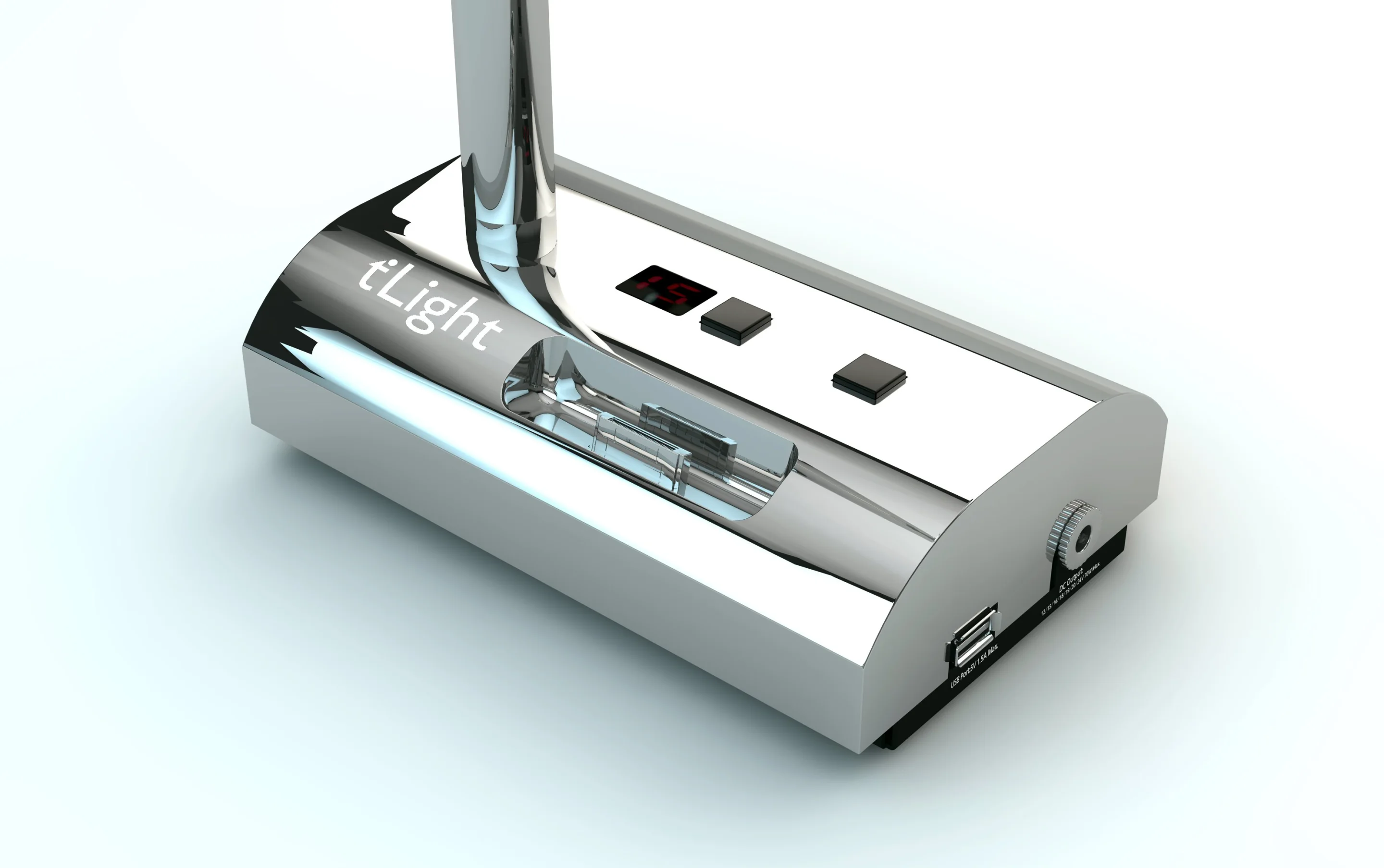 Close up of the t'Light's base showing on/off switch for the lamp, an LED display which indicates which power output level is selected and a button for changing the DC output voltage