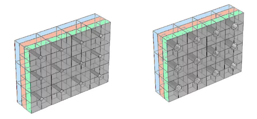 Prototype window designs for testing sound attenuation properties. These have three layers of diffraction resonators, with either one, two, or four partitions per resonator (Image: Mokpo National Maritime University)
