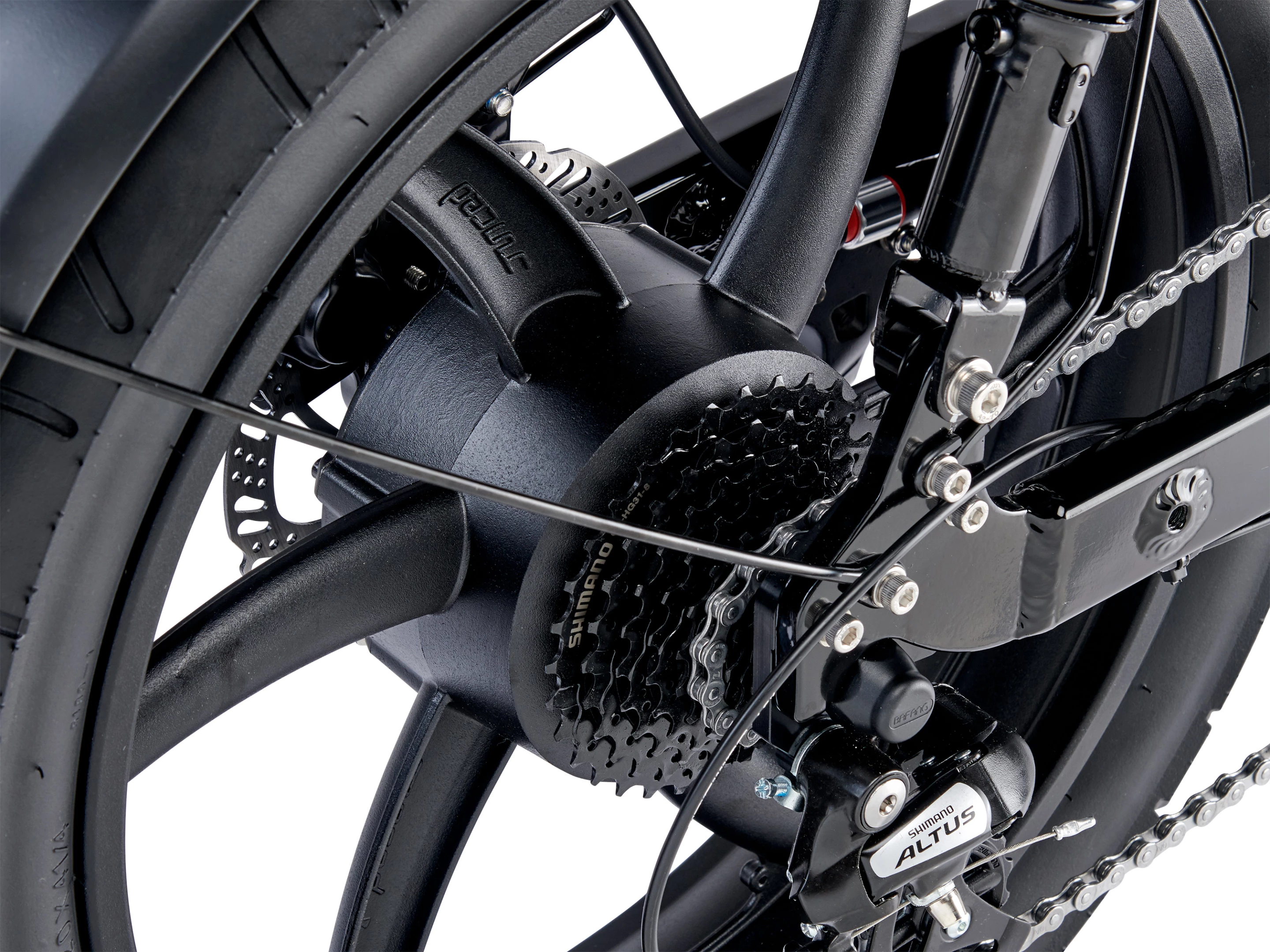 Custom wheel design places a chunky 1,000W Bafang motor at the center of a cast metal hub with puncture-resistant motorcycle-style tires