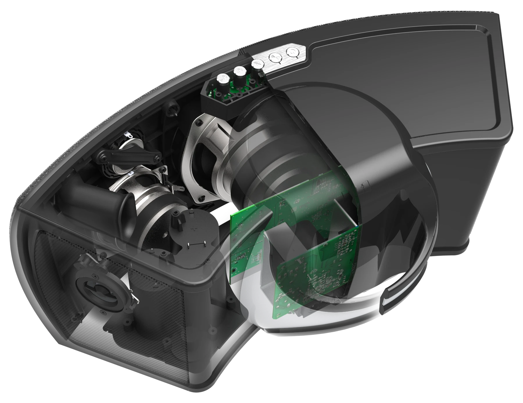 The V600 features two 3.5-in high excursion mid-bass drivers, a 5.25-in woofer, two front-firing 1-in dome tweeters, and two 0.75-in rear imaging, side-firing dome tweeters
