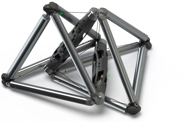 A rendering of the DucTT robot, which is made up of two cable-connected tetrahedrons