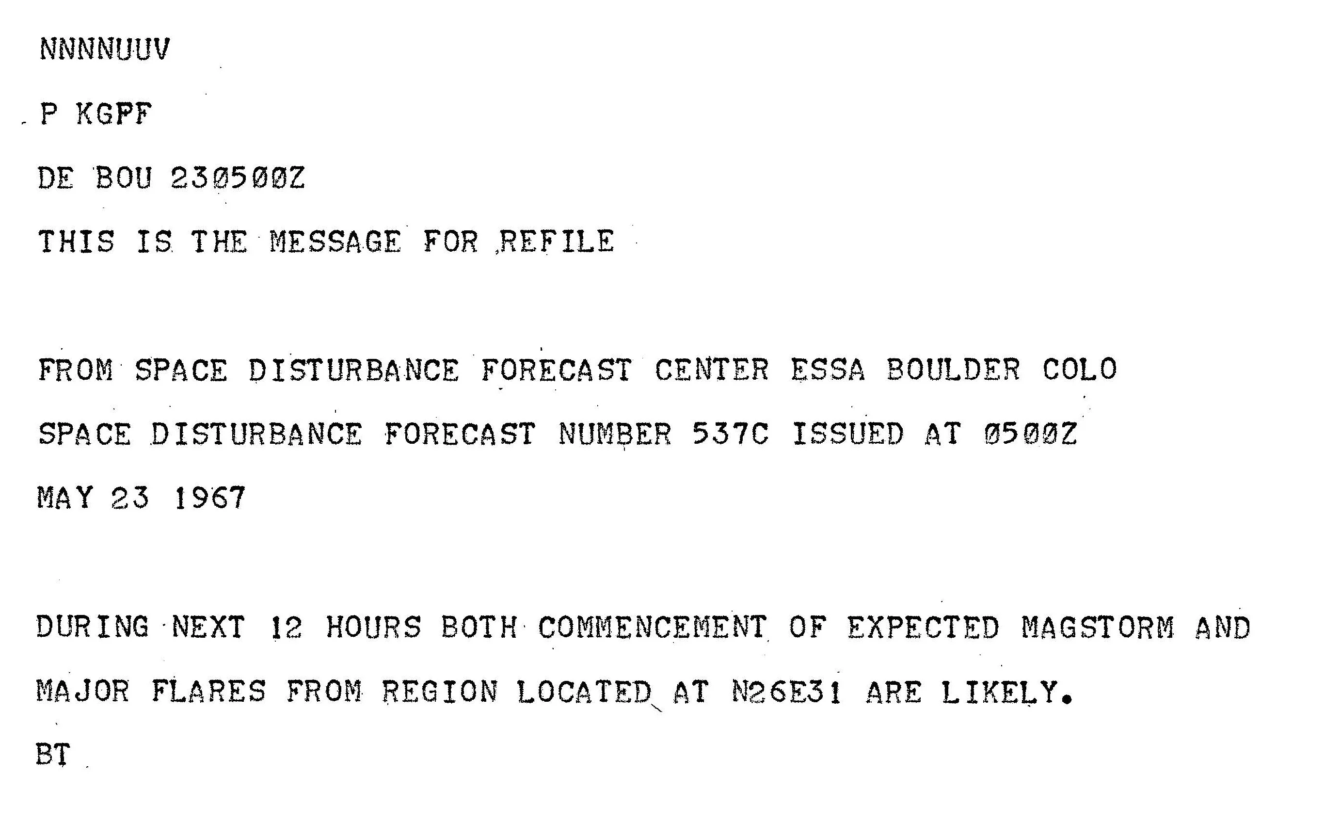 Communication regarding the onset of the powerful May 23, 1967 geomagnetic storm