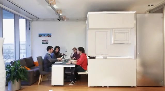 The CityHome not only reveals a hidden dining table for six, but also additional concealed seating
