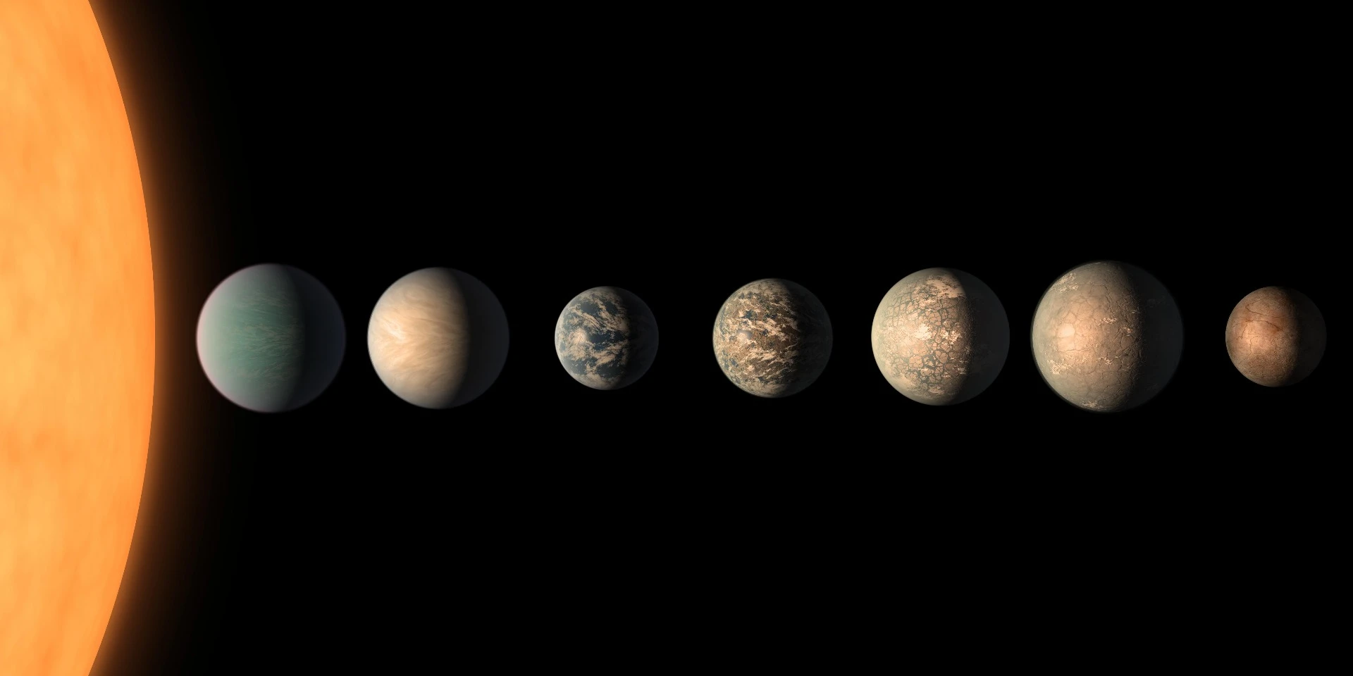 An artist's rendition of what the TRAPPIST-1 planets may look like, based on the most recent data on their size, density, composition, and orbital distance