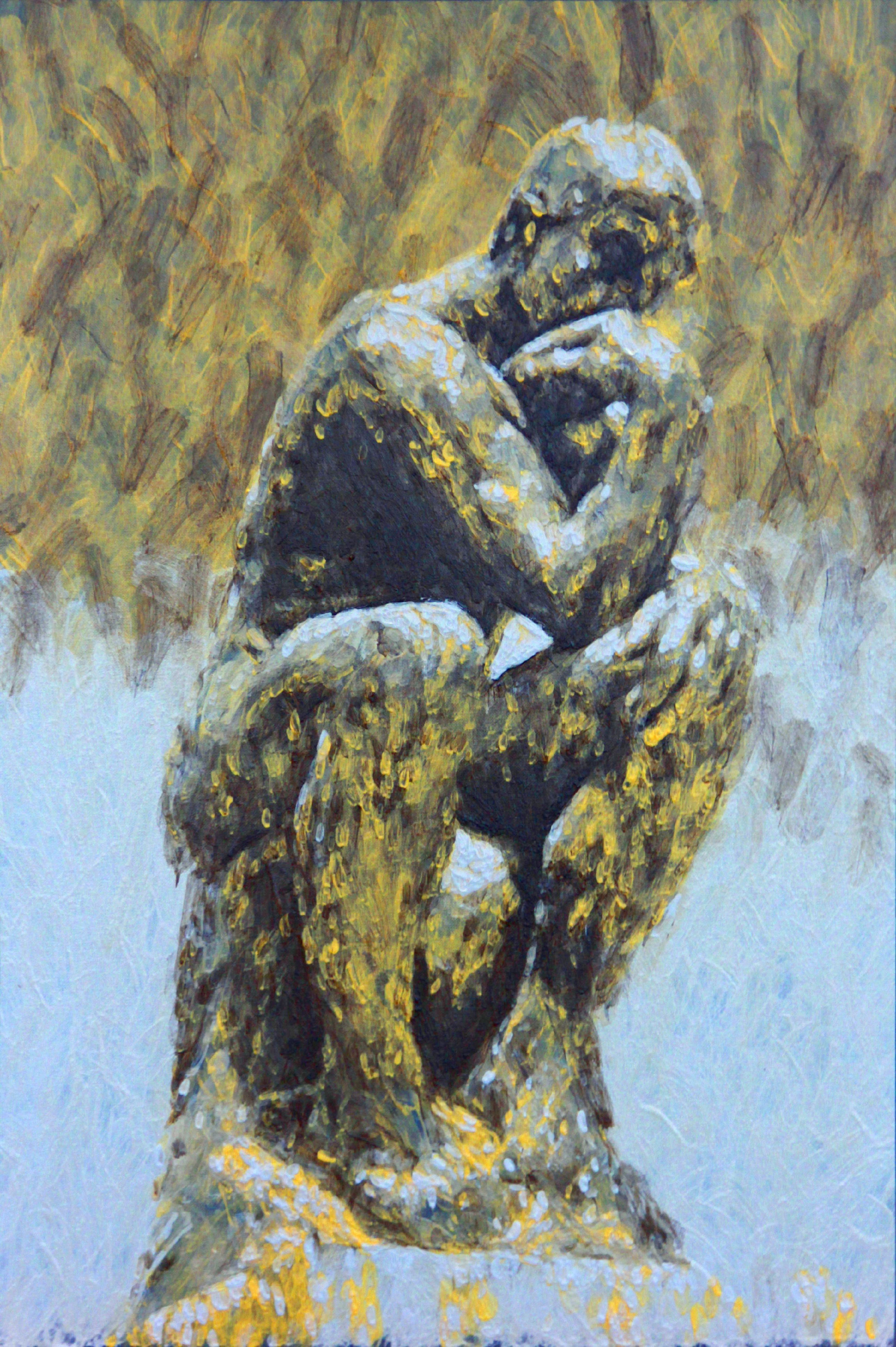 A painting of Auguste Rodin's The Thinker sculpture by robot painter e-David