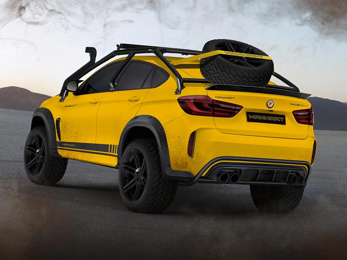 The muscular exterior of the Manhart MHX6 Dirt² Concept features 21-inch Concave One wheels with BF Goodridge all-terrain tires, an external roll-cage and a KW spring kit for better ground clearance