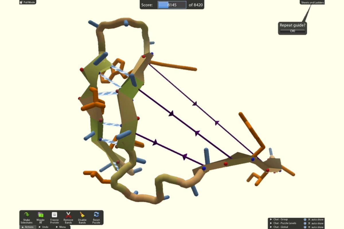 Foldit players can use different tools to interactively twist, jiggle and reshape proteins - in this picture, a player uses rubber bands (purple) to pull together two sheets, or long flat regions of the protein