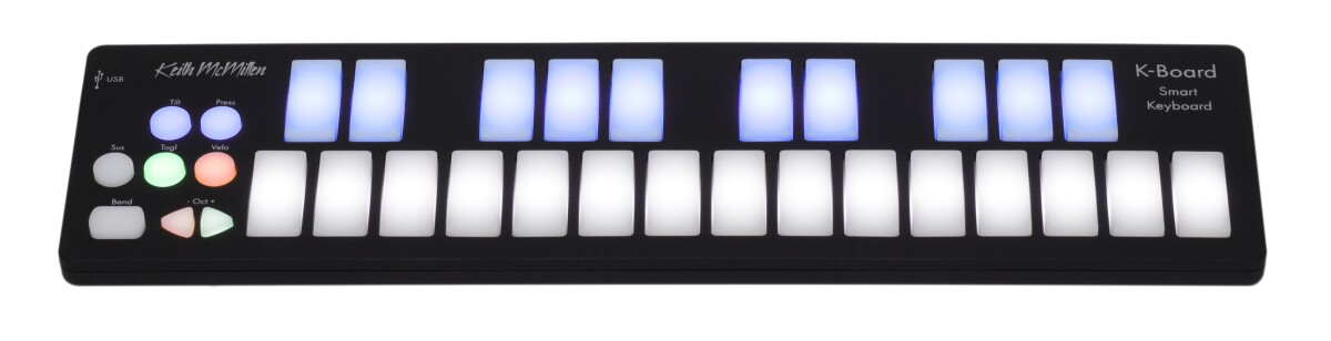 The K-Board features an LED-backlit nano keyboard with touch-sensitive "smart" fabric under each of its 25 playable keys
