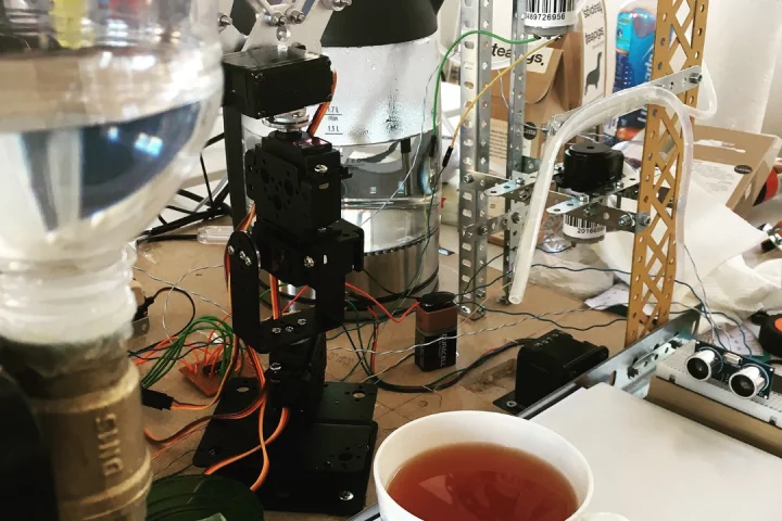 The R2-Tea2 automatic tea maker was inspired by the crazy contraptions of Heath Robinson, and the auto dog feeding machine from Back to the Future