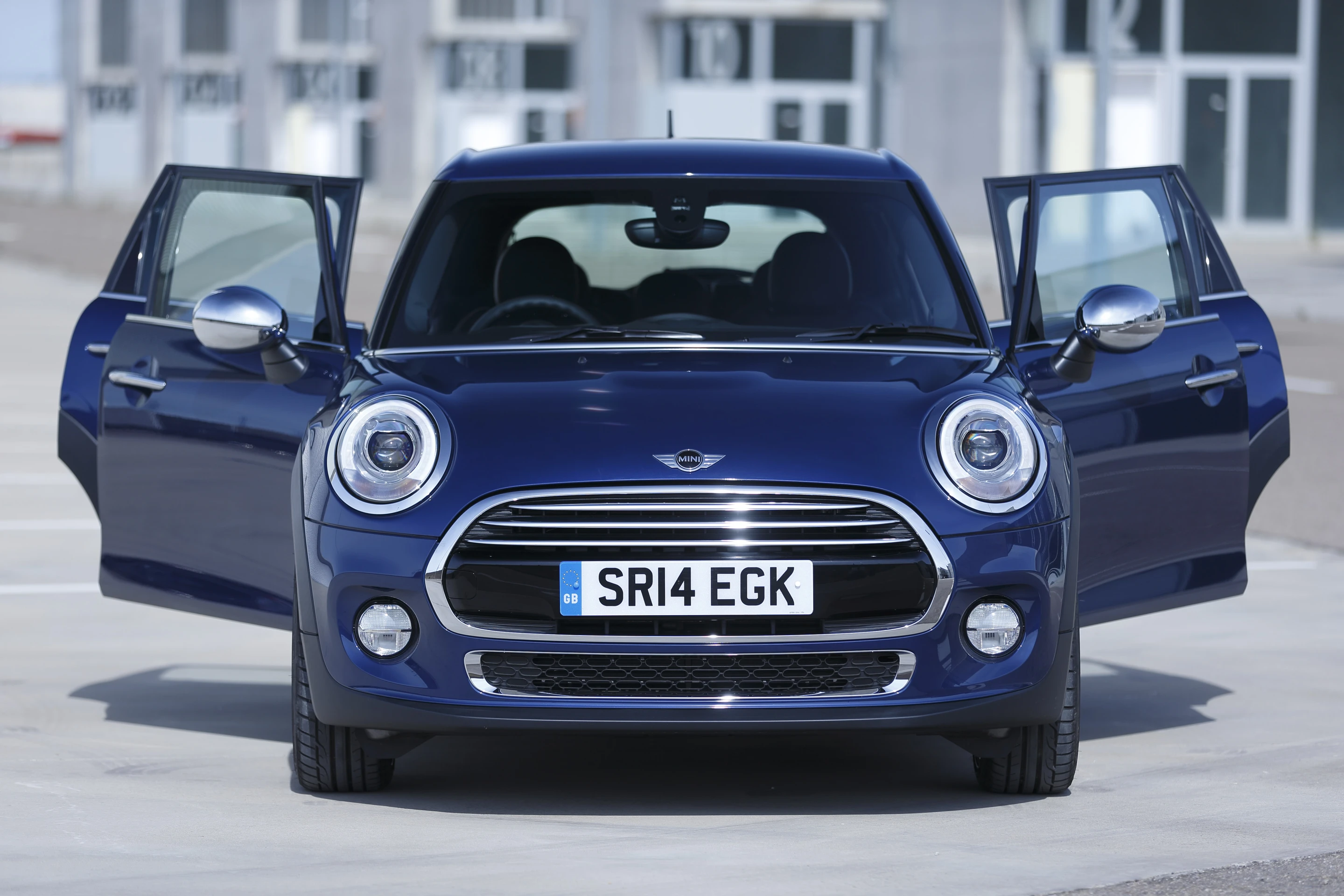 The 5-door Mini Cooper D front view with doors open