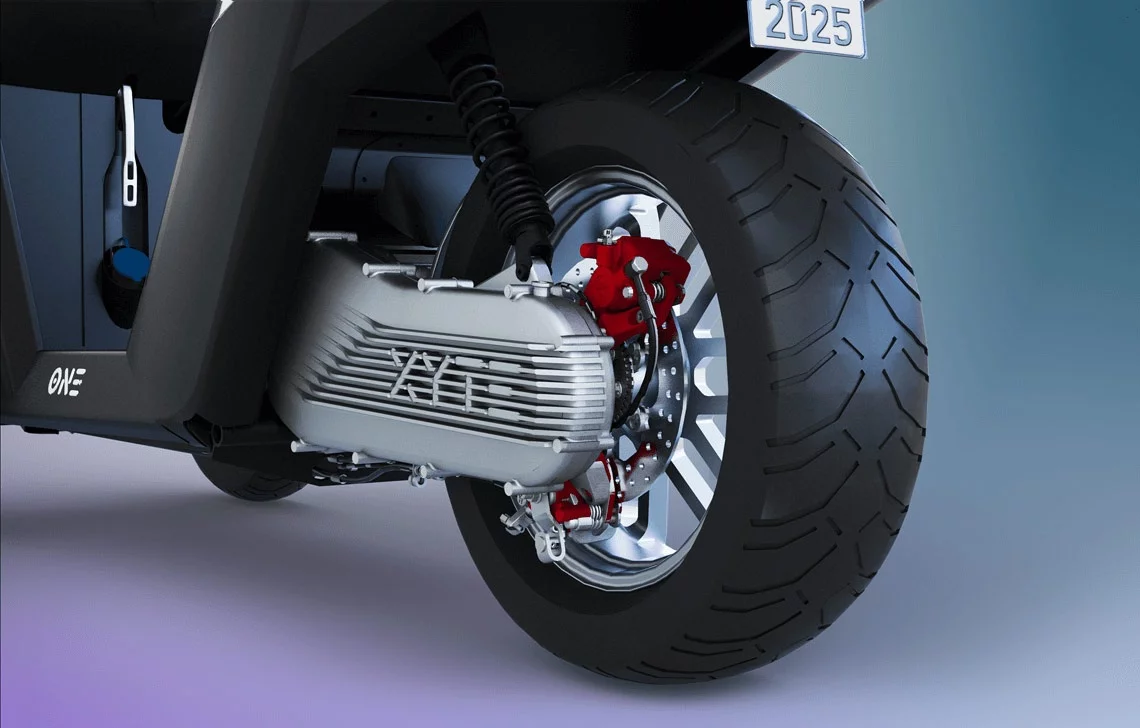 The One also gets a 3-channel ABS, with 240 mm discs on all three wheels, a double wishbone with twin vertical shocks to make up the suspension setup