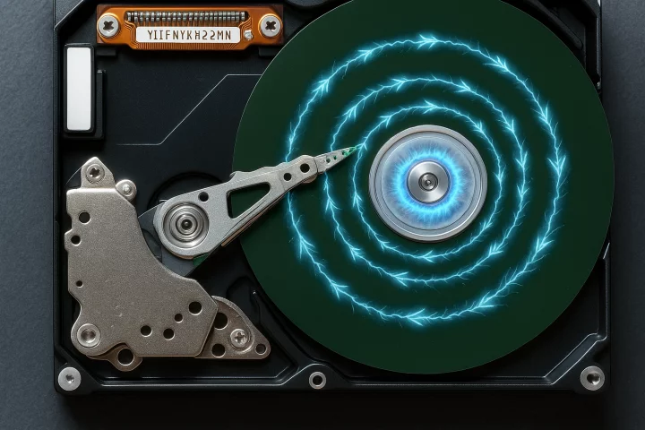 A modified hard disk drive platter glows with spiral patterns of blue light, visually representing the novel "p-wave magnetism" discovered by MIT researchers – hinting at a futuristic fusion of classic data storage and emerging spintronic memory technology.