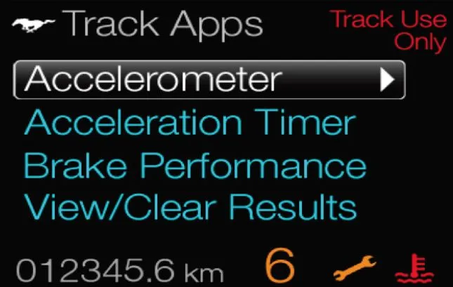 The 2013 Ford Mustang will incorporate Track Apps, a feature that displays the car's performance metrics in real time