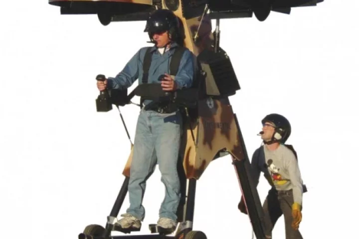 The Springtail Exoskeleton Flying Vehicle built by Trek Aerospace is a single pilot vertical take-off and landing (VTOL) vehicle that supports the operator/pilot in a standing position