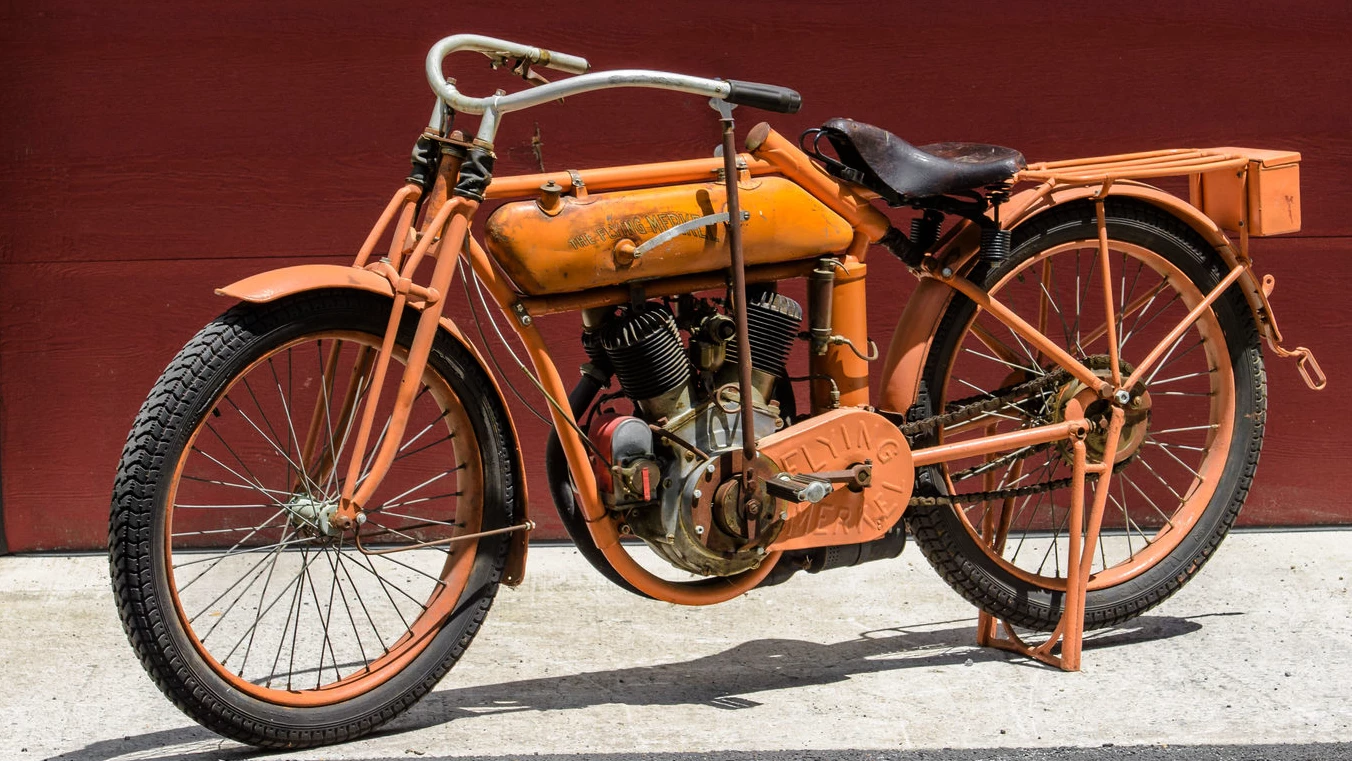 From 50 years in the collection of AMCA founding member and AMA Hall of Fame inductee Emmett Moore, this very original and completely unmolested 1914 Flying Merkel Twin still has the original tank graphics. It was expected to sell in the $150,000 to $175,000 range but hammered for $85,000, which adds up to a total $93,500 price with the buyer's premium included. What a bargain!