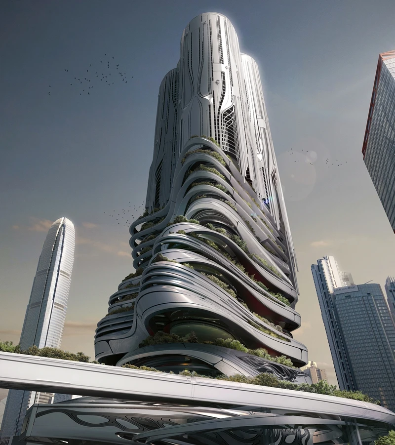 Honorable Mention - PieXus Tower: Maritime Transportation Hub Skyscraper For Hong Kong by Chris Thackrey, Steven Ma, Bao An Nguyen Phuoc, Christos Koukis, Matus Nedecky, Stefan Turcovsky (United States)