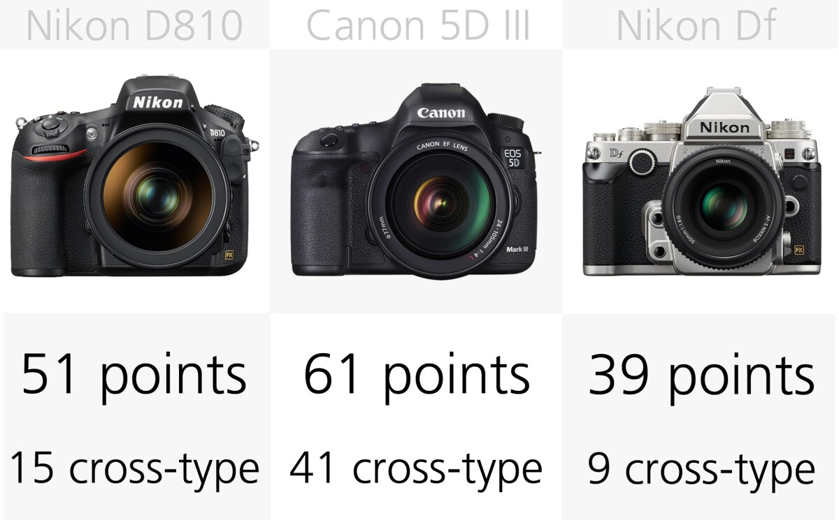 The Canon 5D M3 has 61 autofocus points, of which an impressive 41 are the better cross type