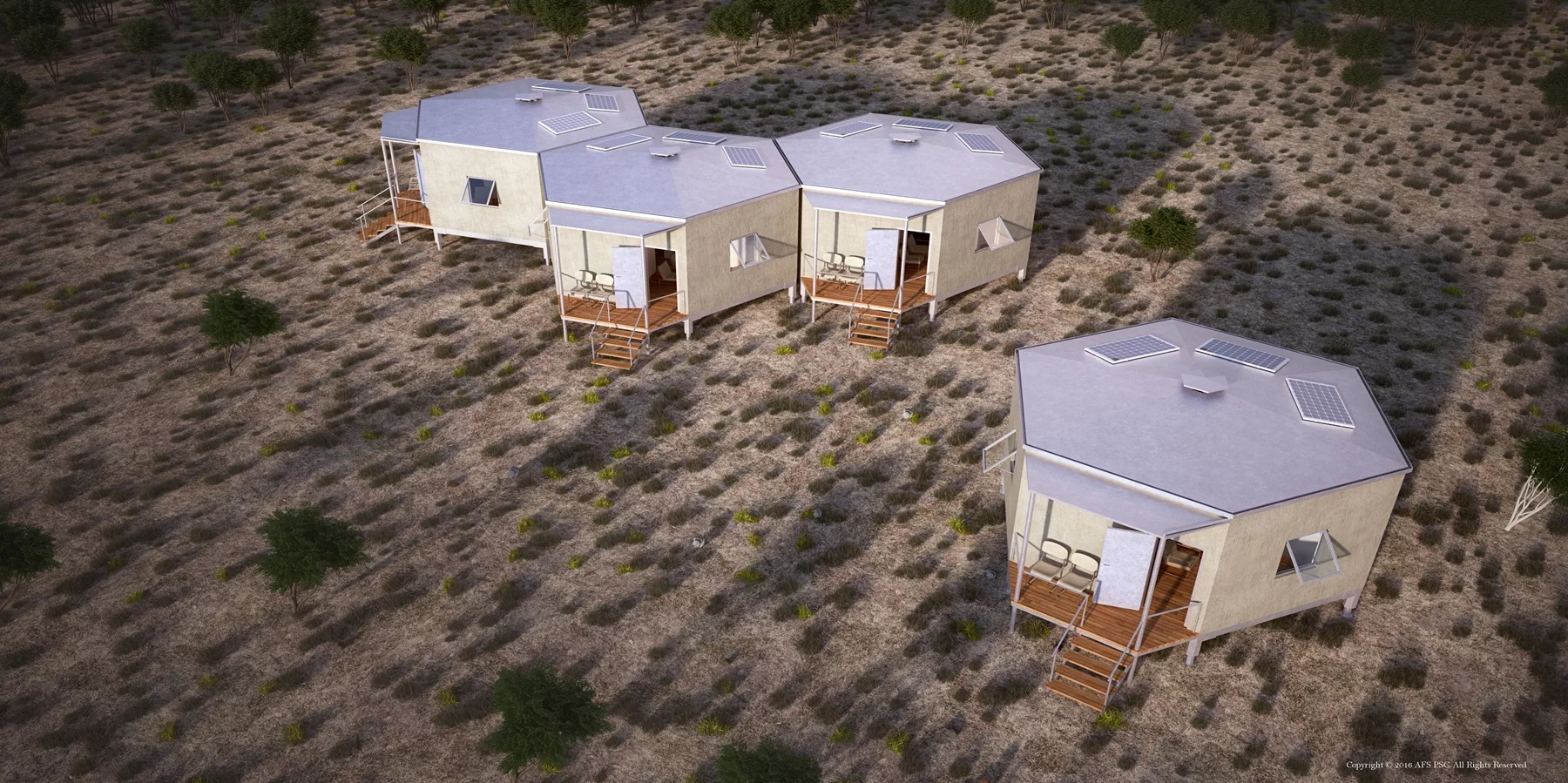 The hexagonal shape of the shelter was chosen for its inherent structural stability plus it also allows for a greater degree of modularity than would be the case with fewer sides