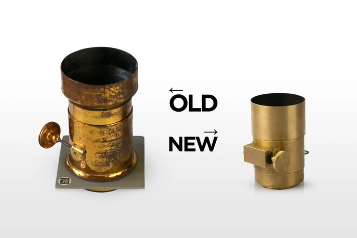 An original Petzval lens next to the Lomography's new Petzval