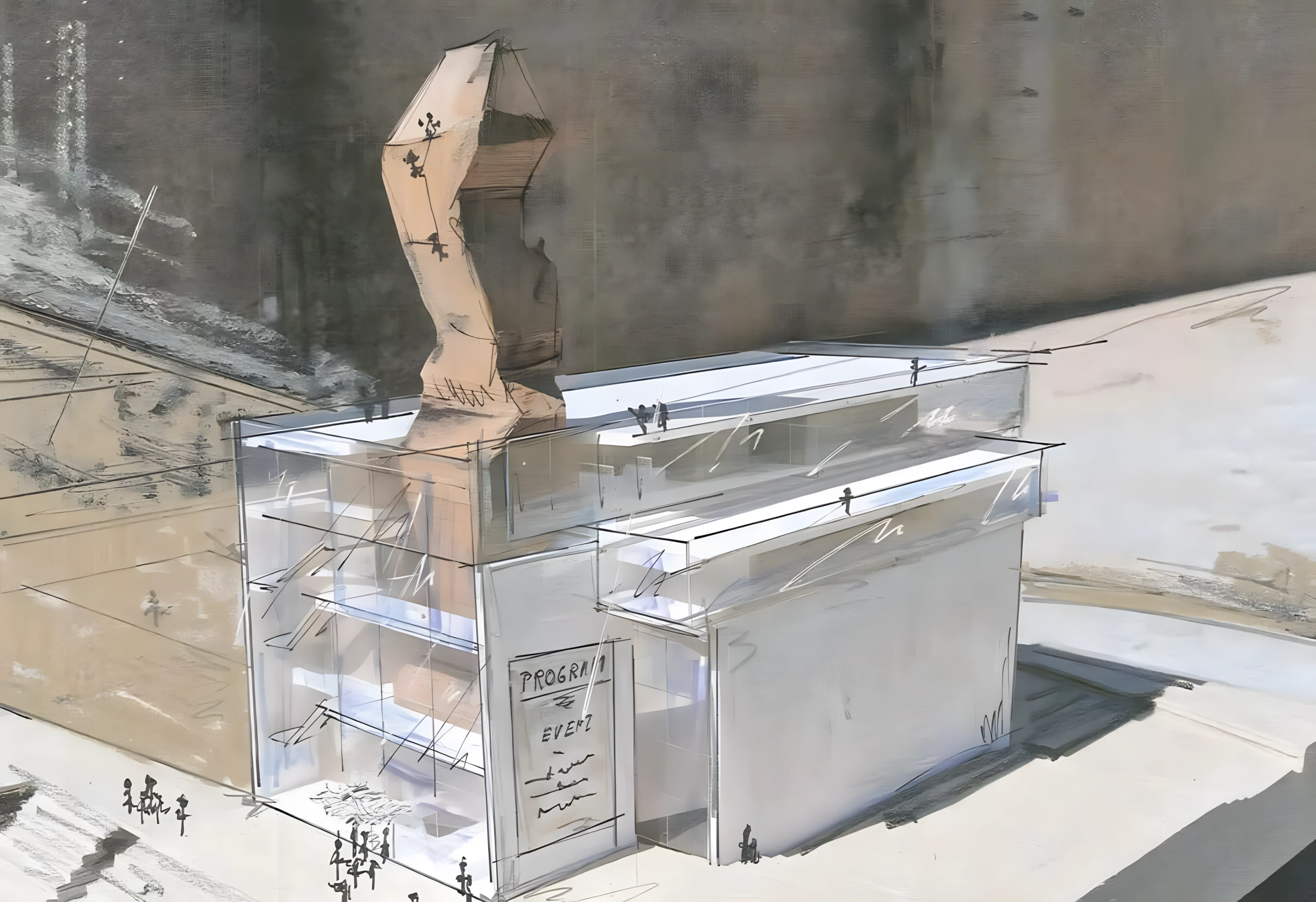 Alongside the main skyscraper, Lina Peak will include a nearby concert hall with a climbing wall jutting out the top