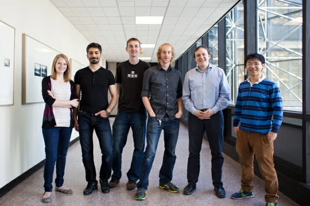 The Fermi gas microscope group: (from left) graduate students Katherine Lawrence and Melih Okan, postdoc Thomas Lompe, graduate student Matt Nichols, Professor Martin Zwierlein, and graduate student Lawrence Cheuk.