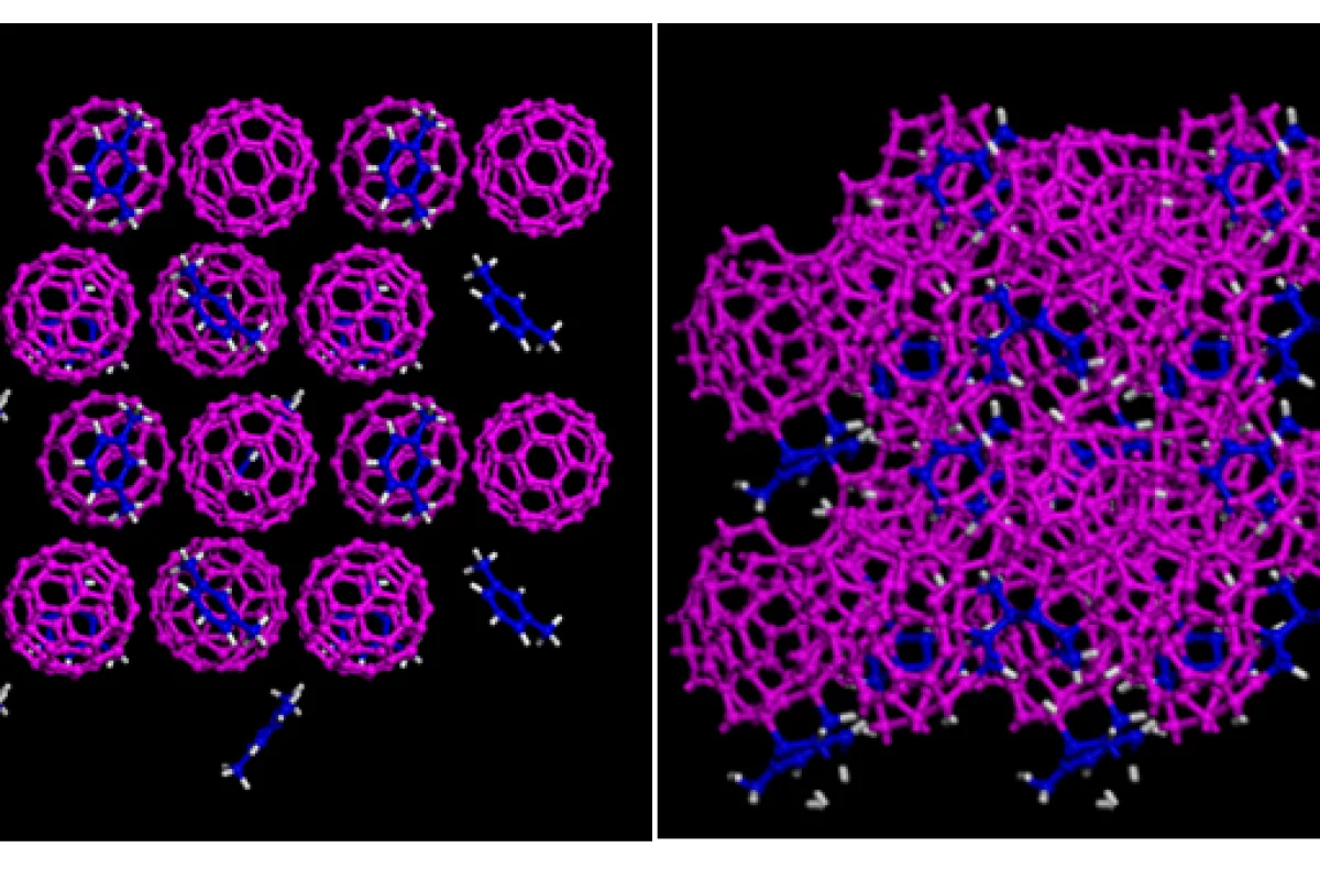 Simulated structure of buckyballs and new super-hard material (Image: Lin Wang, Carnegie Institution of Washington)