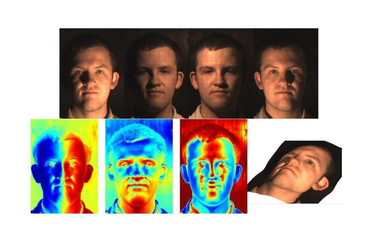 Four flash photographs of a volunteer were taken from different angles and special software analyzed all the shadows, colors, surface orientation and depth of each point on a face to produce a composite image of unparalleled detail