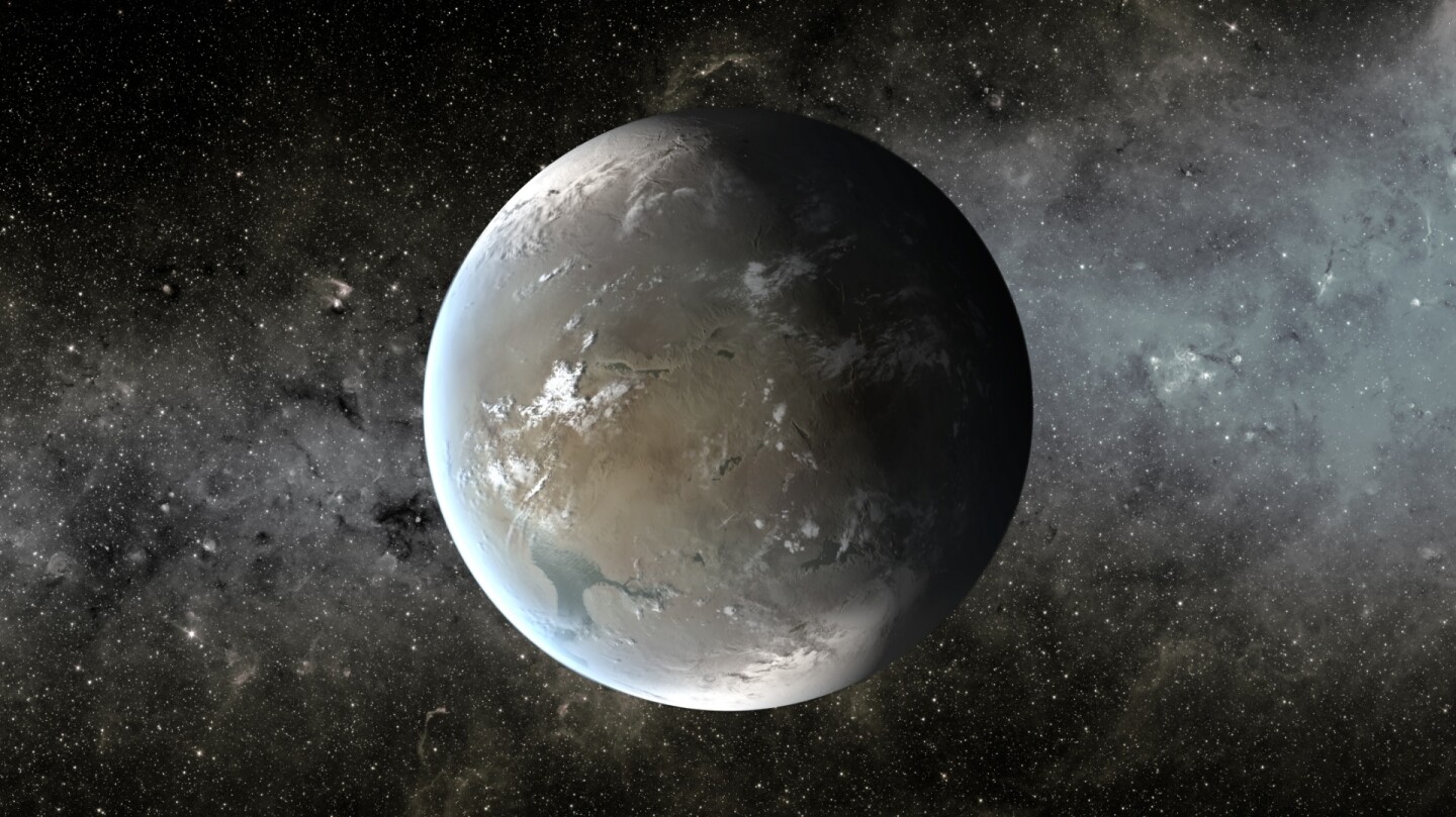 The artist's concept depicts Kepler-62f, a super-Earth-size planet in the habitable zone of a star smaller and cooler than the sun, located about 1,200 light-years from Earth in the constellation Lyra