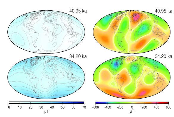The intensity of the Earth's magnetic field at the surface (left) and the radial field of the cosmic microwave background (right), during the last two excursions – the Laschamp (top) and Mono Lake (bottom) events