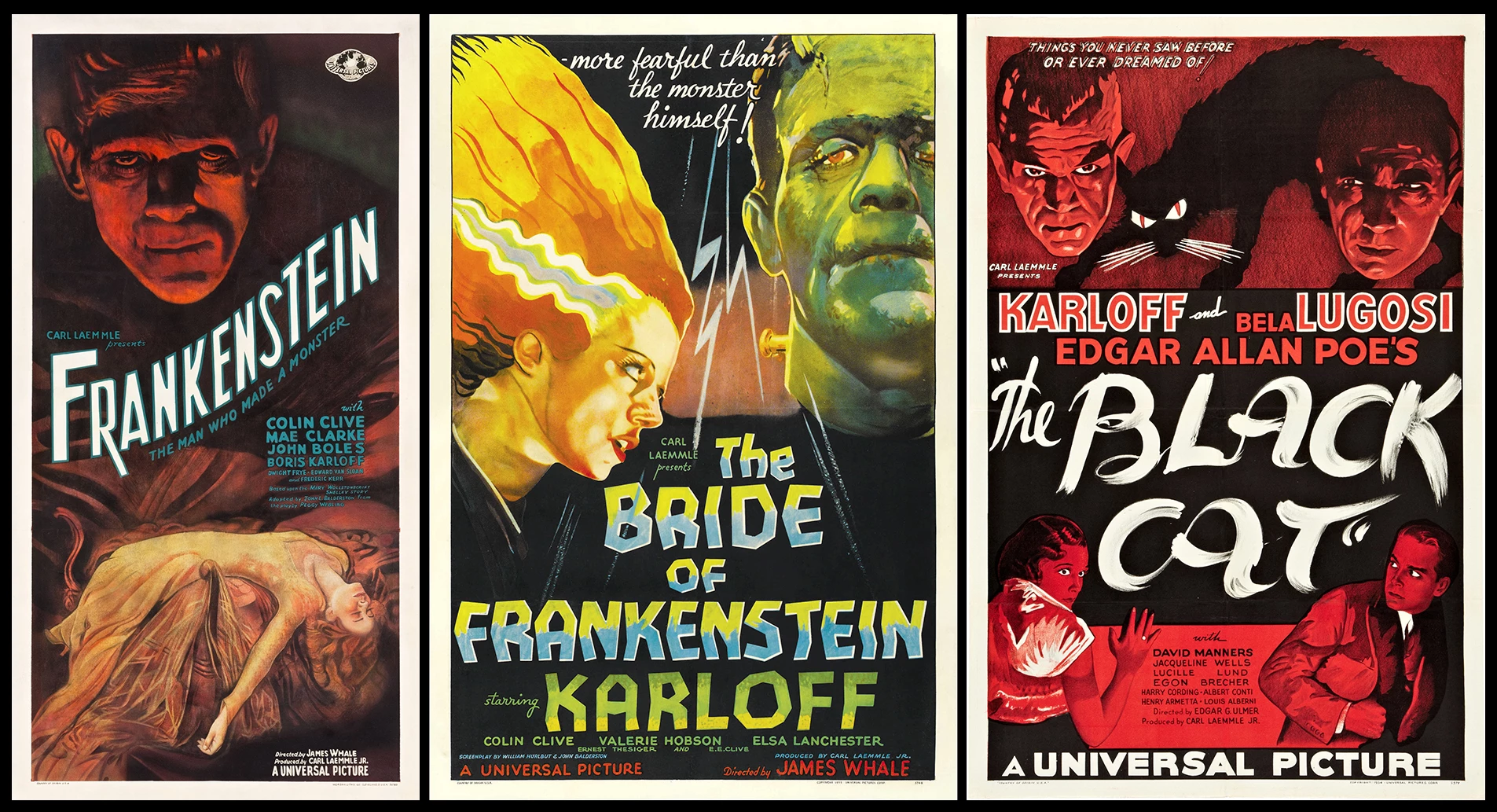 The 1931 horror monster film Frankenstein had quite some impact in cinematic history and on this list, holding sixth place as the most valuable movie poster but with numerous other entries in the top 100 poster sales and with the posters of spin-off films such as The Bride of Frankenstein and Son of Frankenstein also holding top 100 placings. The Frankenstein movie poster at left above was sold by Heritage Auctions for $358,500 in 2014, while the poster in the center of the image for the 1935 sequel The Bride of Frankenstein sold for $334,600 by Heritage Auctions in 2007. The movie poster for the 1934 movie The Black Cat sold for $334,600 by Heritage in 2007.