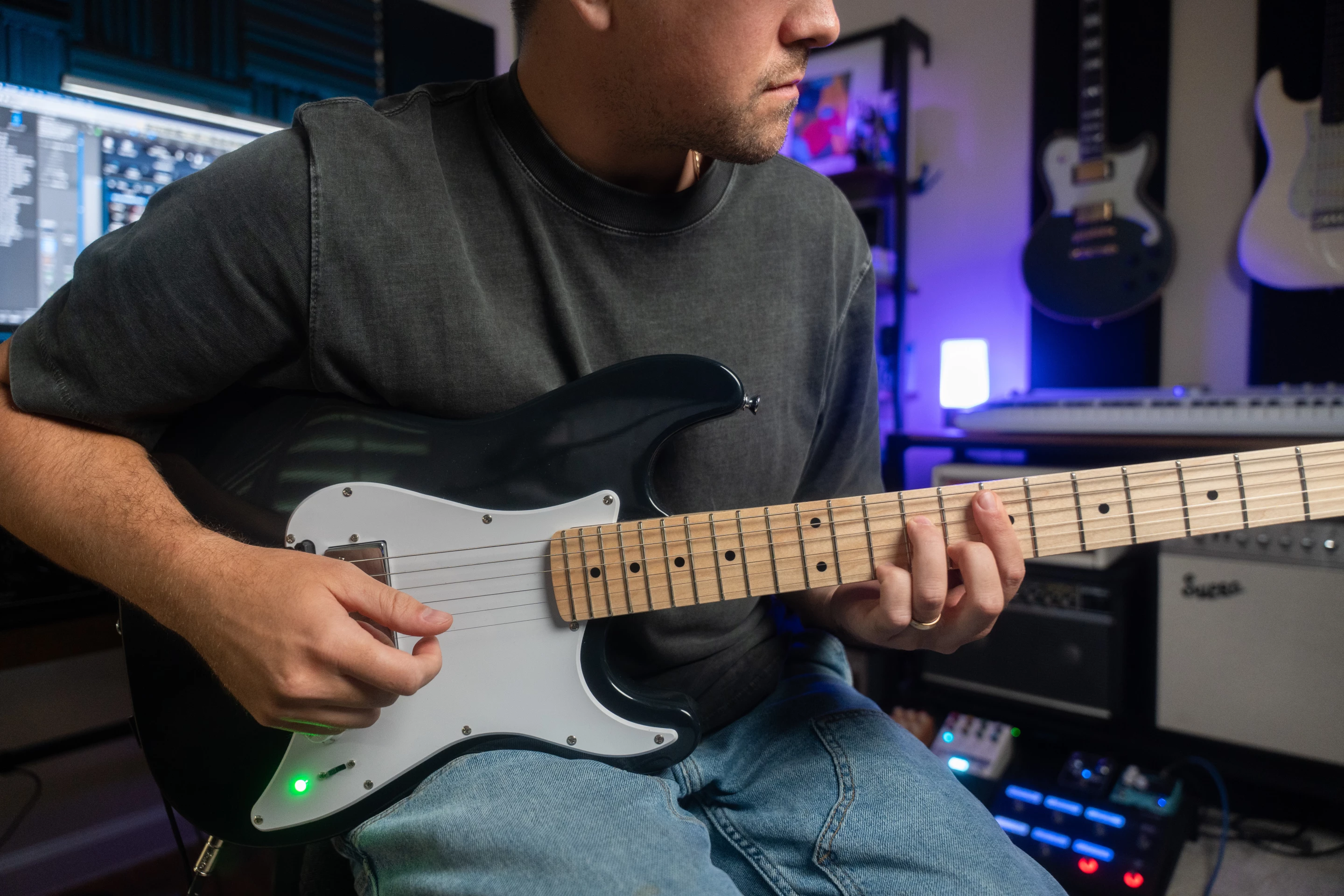 The Jamstik Core's hexaphonic pickup tracks individual strings for real-time onboard MIDI processing