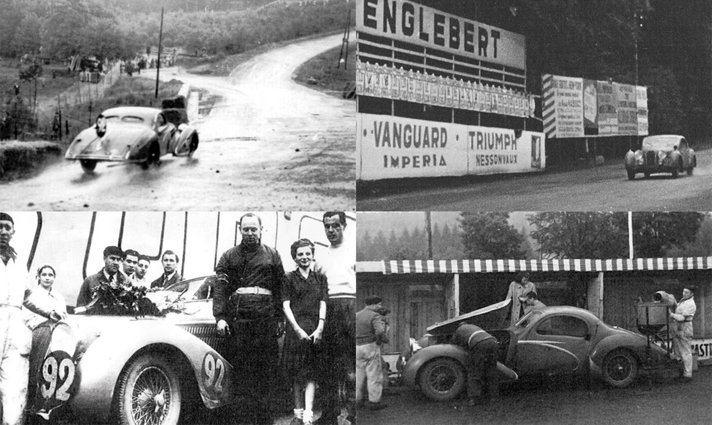 The T150-C SS Teardrop Coupé remained competitive in the early post-war years, winning its class at Belgium's famous Spa 24 Hour race in 1948. Look closely at the images above and you'll recognize the Talbot-Lago entering the famous "Eau Rouge" corner at Spa Francorchamps circuit (top left).