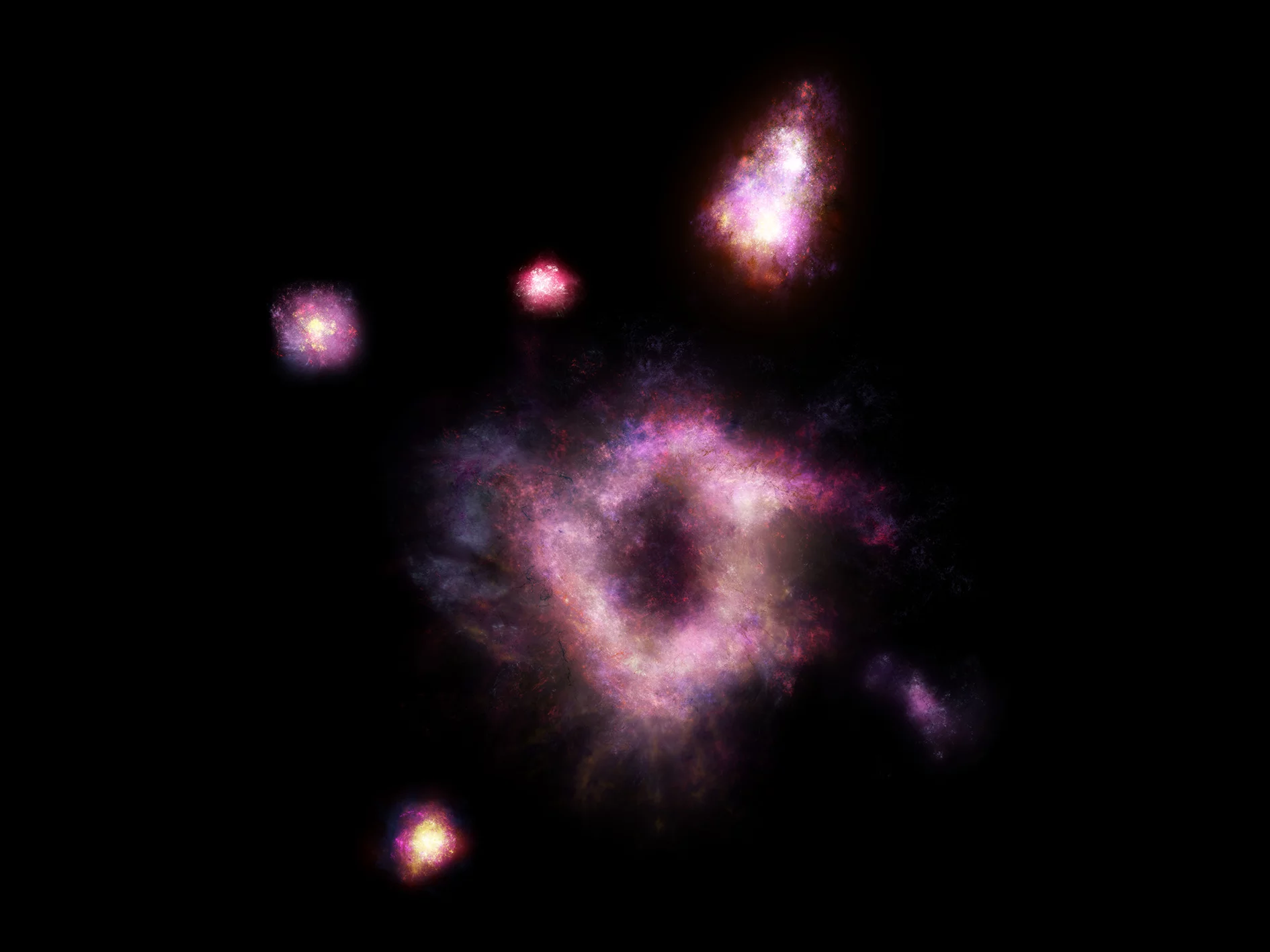 An artist's rendition of the ring galaxy R5519 – the nearby galaxy at the top is thought to have been responsible for blasting the hole through the middle