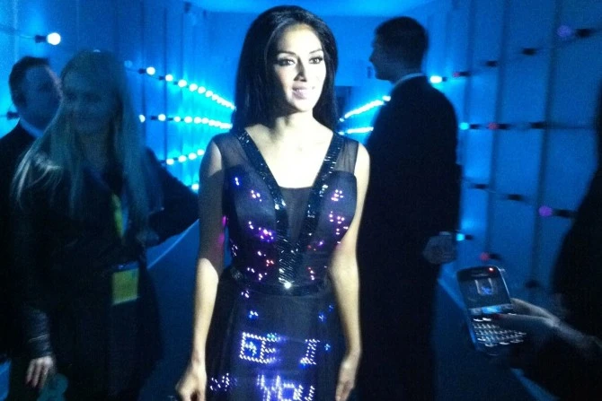 Nicole Scherzinger wearing CuteCircuit's Twitter dress at EE's 4G launch