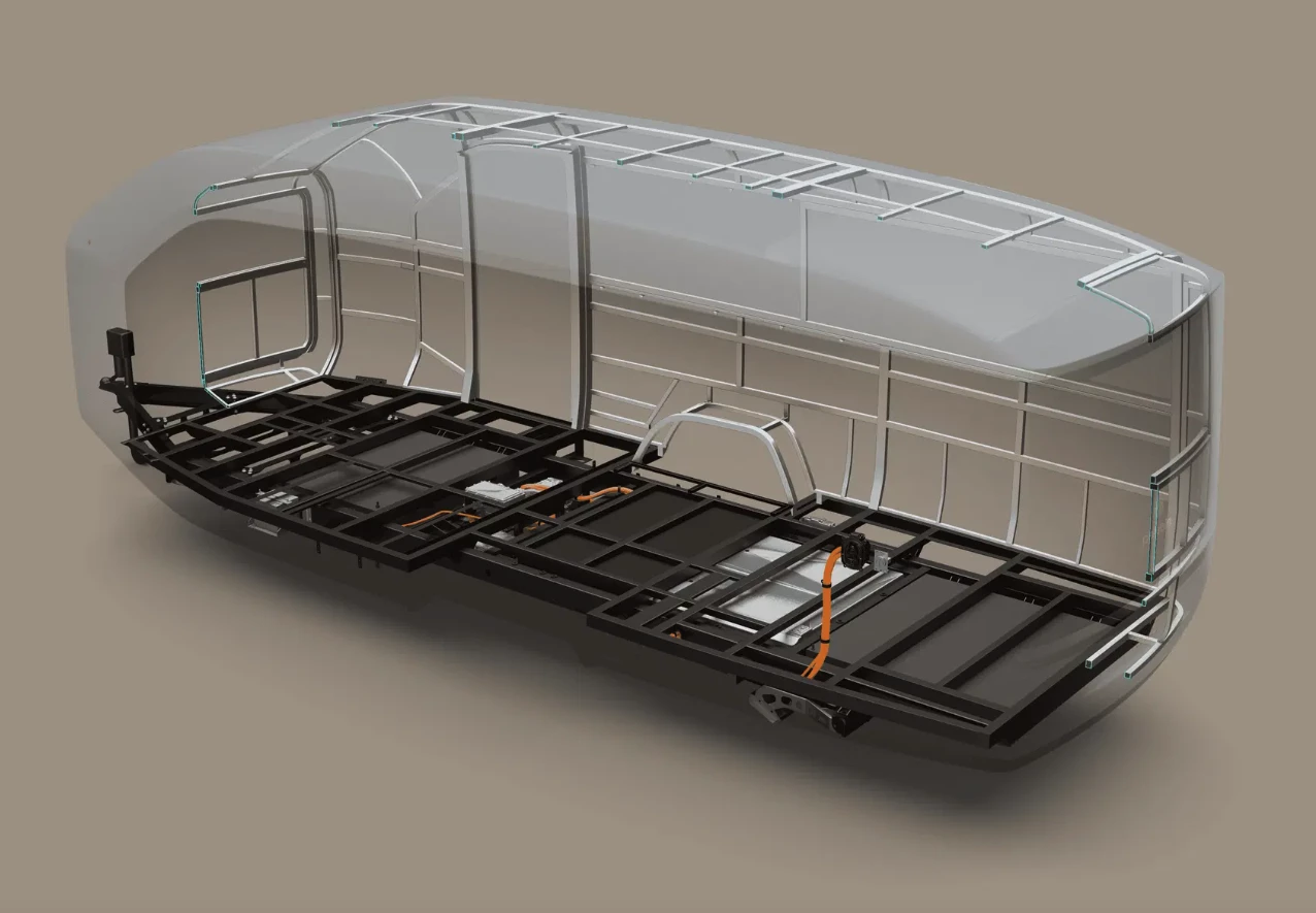 The Flow comes with an under-floor 45-kWh battery that powers both the available dual-motor e-assist system and onboard amenities