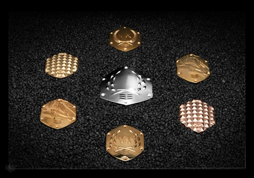 An assortment of custom, 3D-printed shields for the Crossfade Wireless headphones