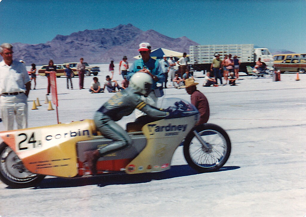 Mike Corbin and Quicksilver leave the Bonneville starting line, 1974