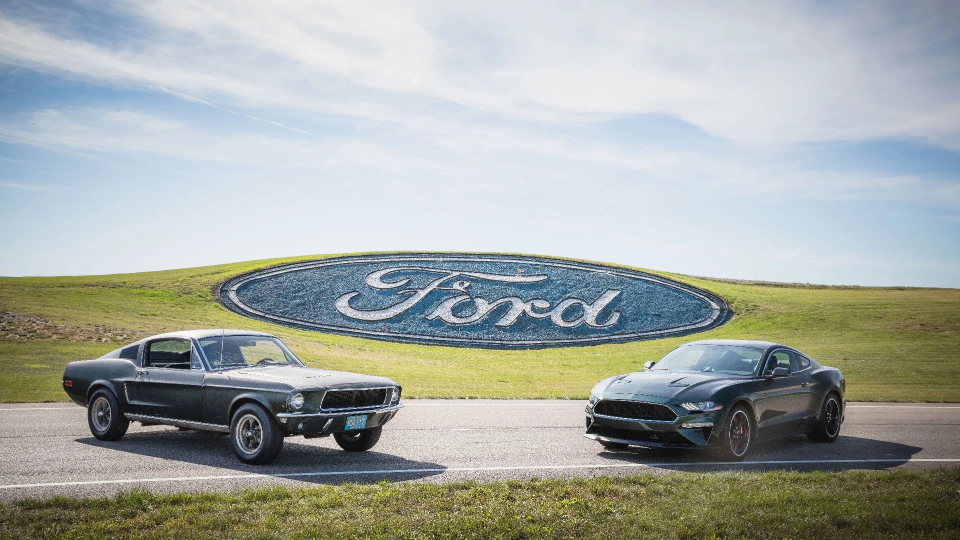 The new 2019 Ford Mustang Bullitt (right) parked alongside its film icon ancestor, the 1968 Ford Mustang GT 390