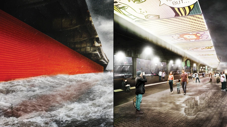 BIG's proposal also calls for bridges which can be flipped down vertically to create a water barrier in the event of a catastrophic storm (Photo: Rebuild by Design)