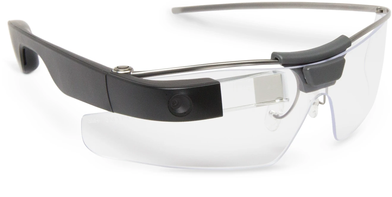 One of the new Glass designs fitting easily on workplace safety glasses