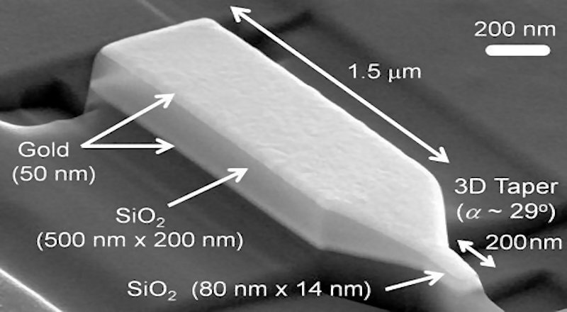 CalTech's new nanofocusing plasmonic waveguide is a tapered silica glass structure covered with a thin layer of gold