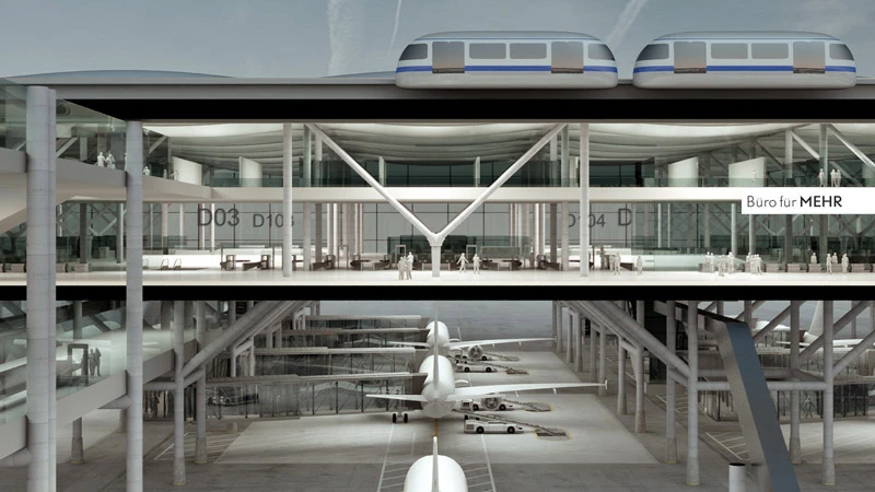 The terminal building is elevated above the processed aircrafts