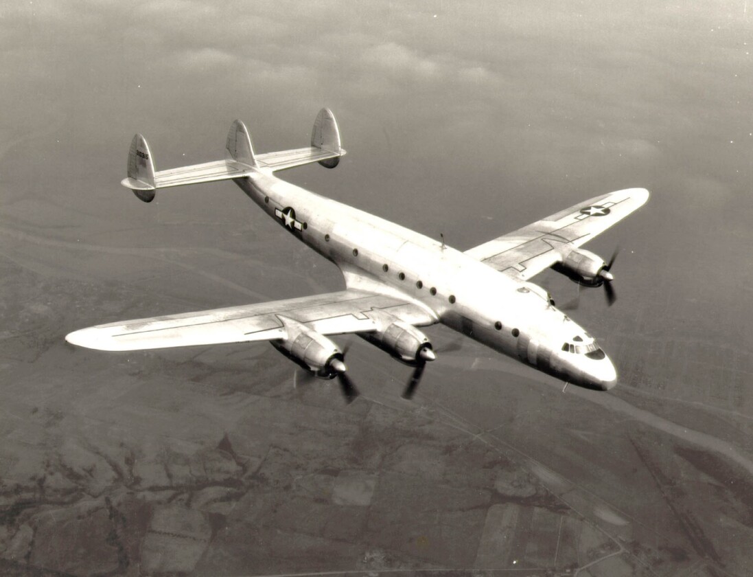 The stunning Constellation, nicknamed Connie for short, was conceived by the Lockheed Corporation in 1939 to exceed the needs of one man: business magnate Howard Hughes. The goal was to build a plane that would, according to then chief research engineer Kelly Johnson "carry more people farther and faster than ever before, and economically enough to broaden the acceptance of flying as an alternative to train, ship and automobile." It was built between 1943 and 1958, but served into the 1990s. It was the first plane to bear the callsign Air Force One, for President Eisenhower. Pictured is the USAF C-69 military version, showing the Constellation's unmistakable triple tail.