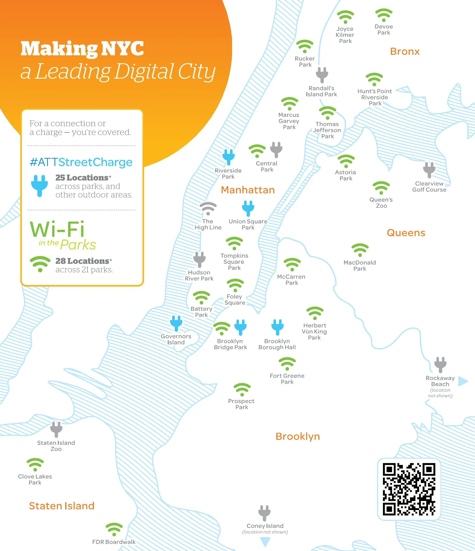 Map showing AT&T's Street Charge installs to date, and Wi-Fi hotspots