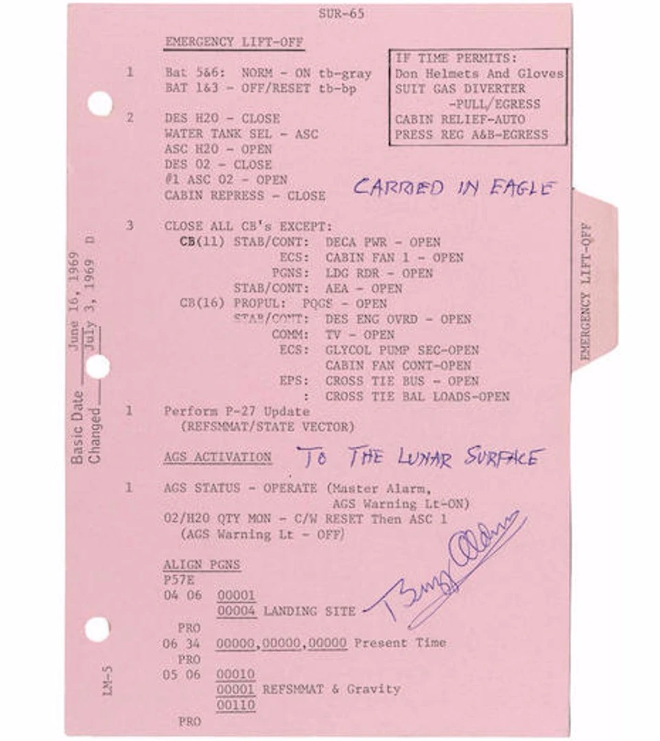 Apollo 11 surface abort checklist used by Buzz Aldrin on the Moon