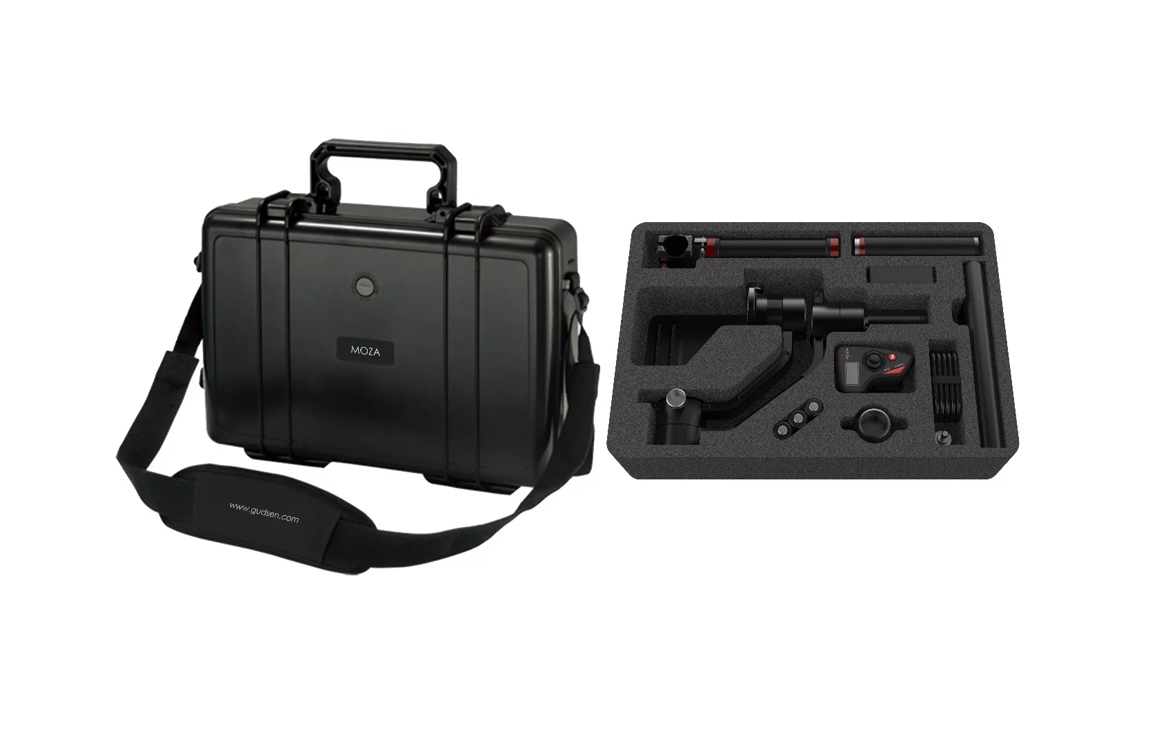 Moza Air full package includes the gimbal, hand grip, three batteries, battery charger, dual handle set, lens support, control cables for Canon, Sony and Panasonic cameras and a carry case