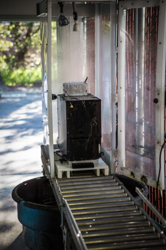Zero battery getting an extended shower as part of testing (Photo: Andrew Wheeler/AutoMotoPhoto)