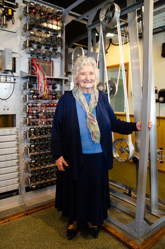 Irene Dixon with the Heath Robinson reconstruction